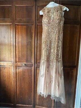 Gold Beaded Sleeveless Evening Gown